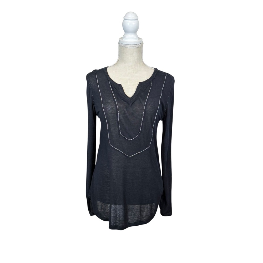 AMS Pure Long Sleeve Blouse Womans US 8 Black Viscose Wool Blend‎ Glitter Stripe